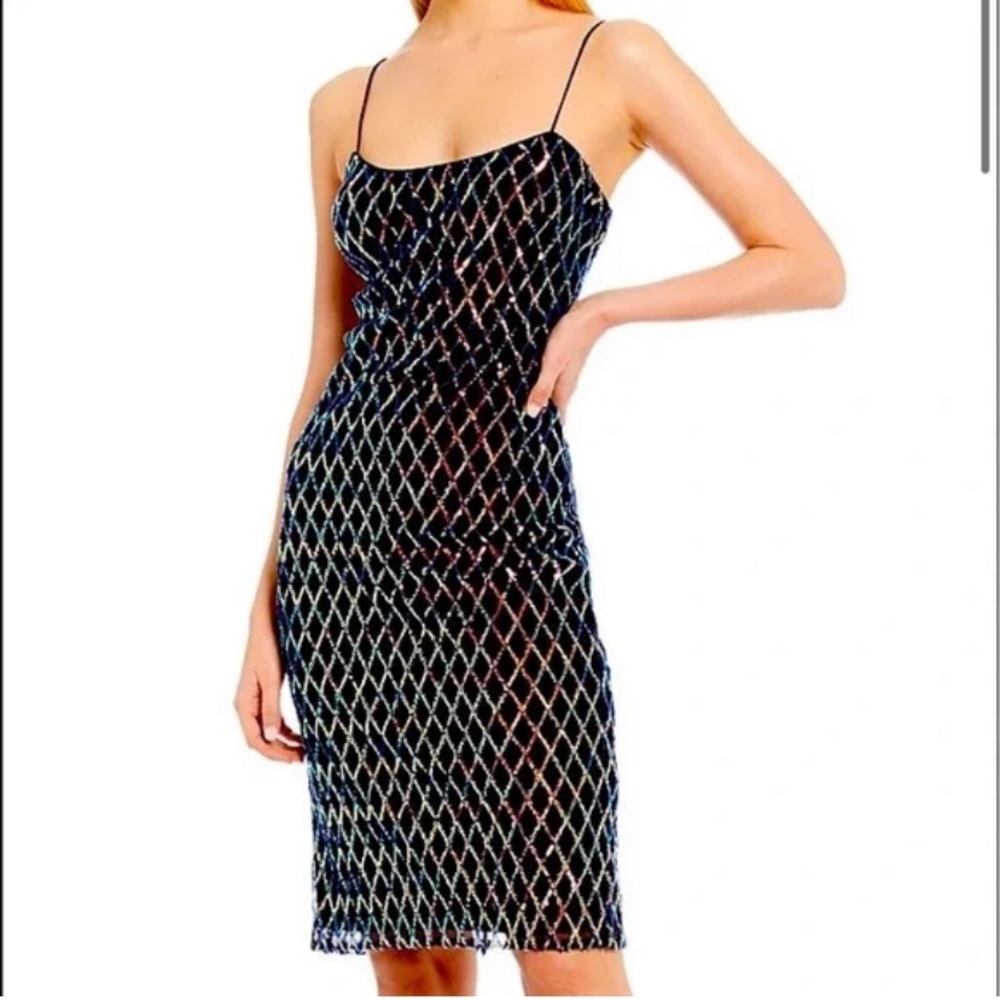 Badgley Mischka Navy and Gold Midi Dress